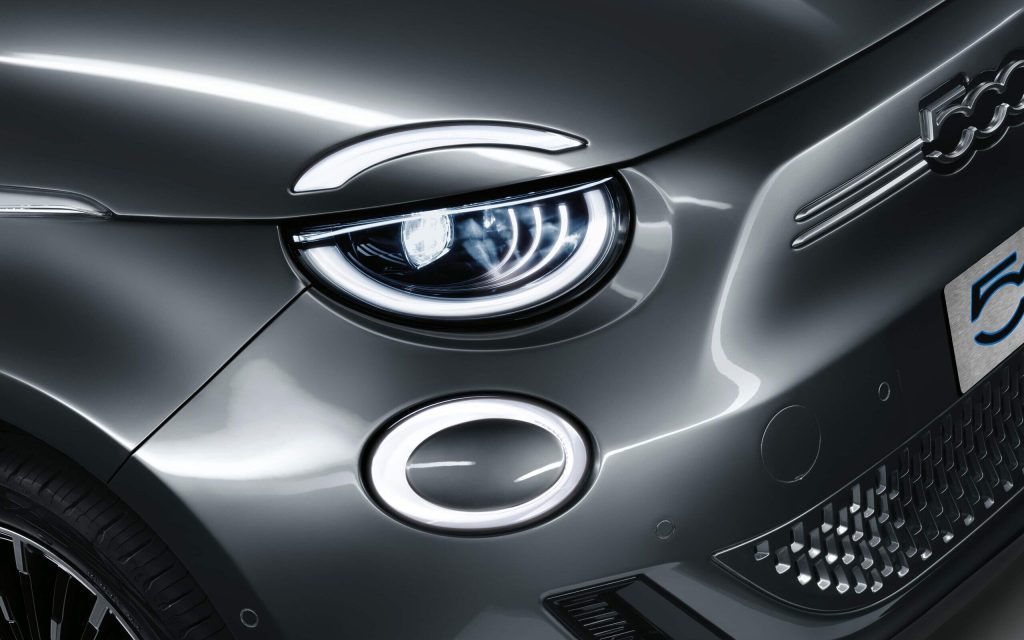 Fiat 500e headlight close up view