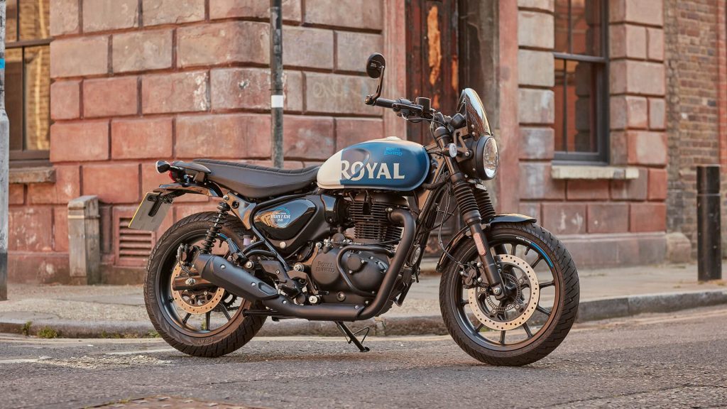 Royal Enfield Hunter 350 parked on street corner