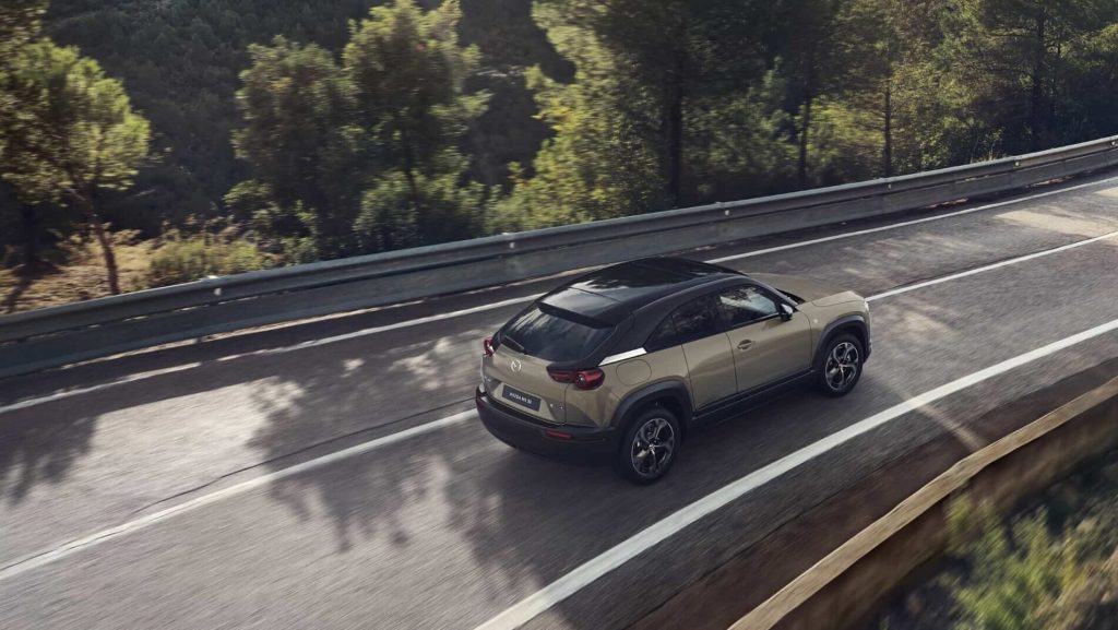 Mazda MX-30 e-Skyactiv R driving on road