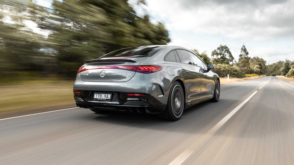 Mercedes-Benz EQE 53 driving on road rear view