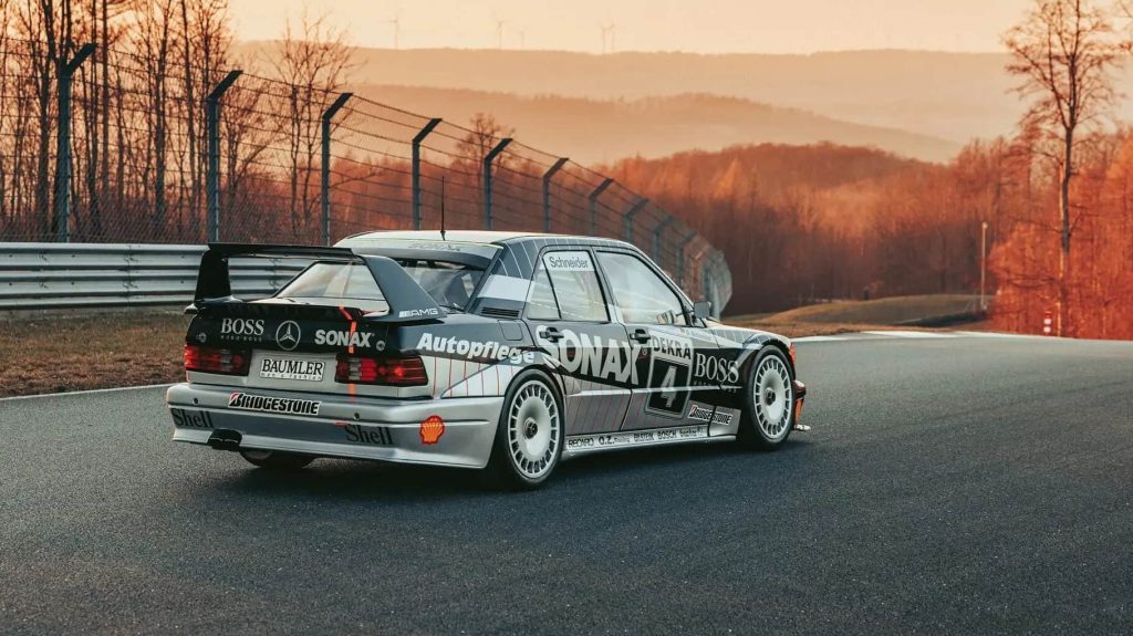 1992 AMG-Mercedes 190 E Evolution II rear three quarter view on race track