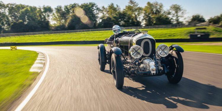 Bentley Blower Car Zero continuation driving around corner on racetrack