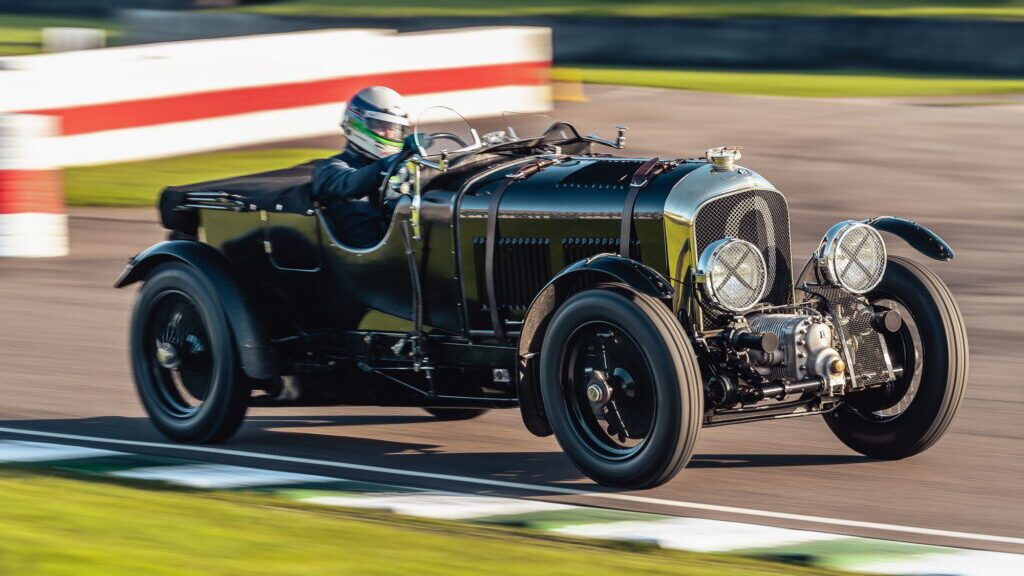 Bentley Blower Car Zero continuation driving on racetrack front three quarter view