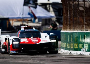 Toyota GR010 front three quarter view racing at Sebring