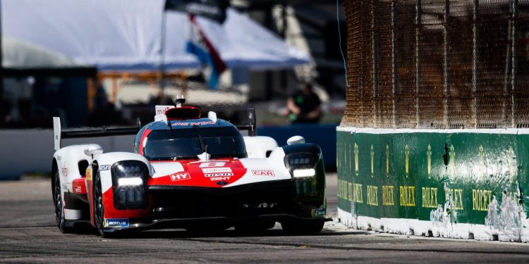 Toyota GR010 front three quarter view racing at Sebring