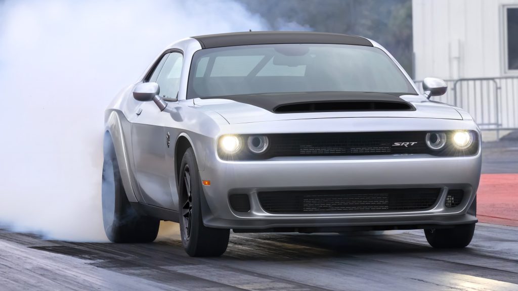 Dodge Challenger SRT Demon 170 doing burnout on drag strip