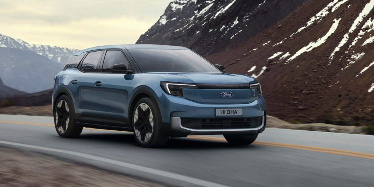 Electric Ford Explorer driving on mountain road