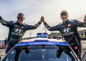 John Kennard and Hayden Paddon celebrating Rally Fafe win 2023