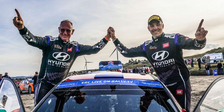 John Kennard and Hayden Paddon celebrating Rally Fafe win 2023