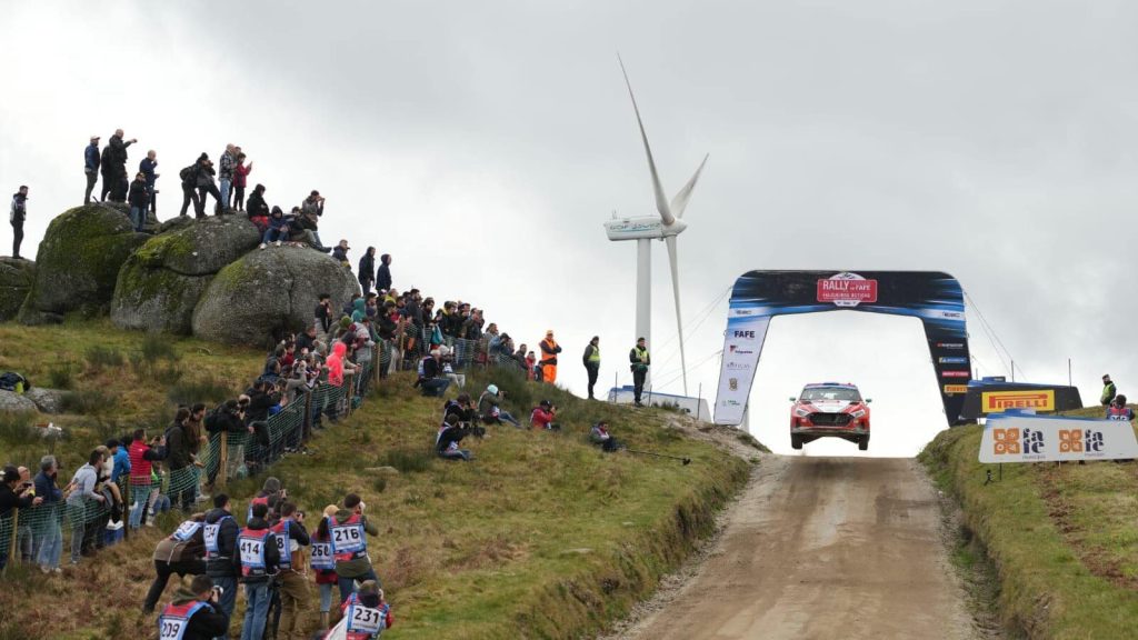 Hayden Paddon and John Kennard jumping Hyundai i20 N Rally2 car at Rally Fafe 2023