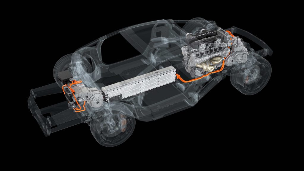 Lamborghini LB744 hybrid drivetrain front three quarter view