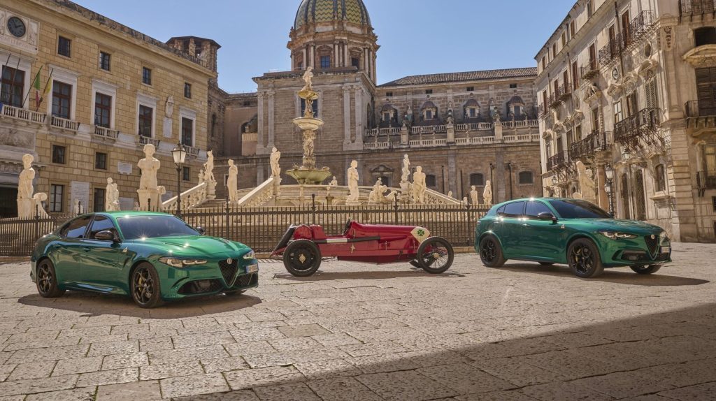 Alfa Romeo Giulia and Stelvia Quadrifoglio 100th Anniversario front three quarter view