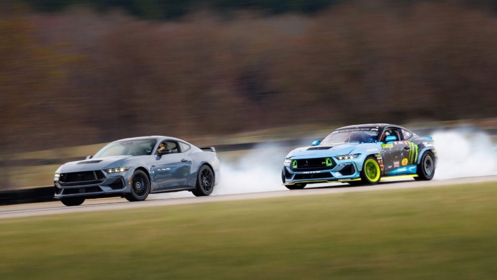 Vaughn Gittin Jr.'s 2024 Ford Mustang RTR Formula Drift car drifting with stock Mustang