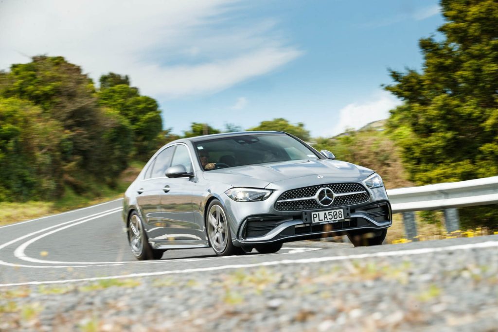 Action shot of the Mercedes-Benz C350 e taking a corner