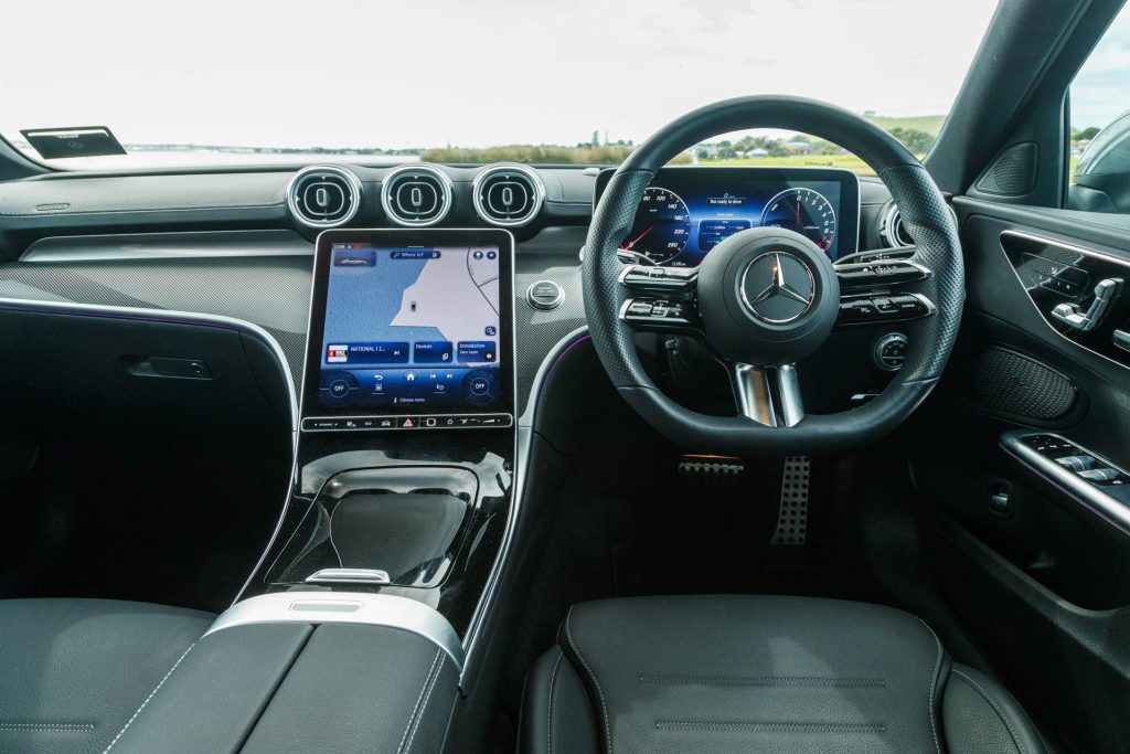 Mercedes C 350e interior, front view with steering wheel