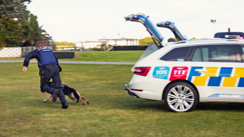 Dog jumping out of New Zealand Police Skoda Superb