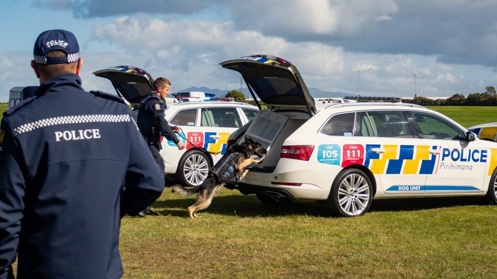 Dog jumping into New Zealand Police Skoda Superb