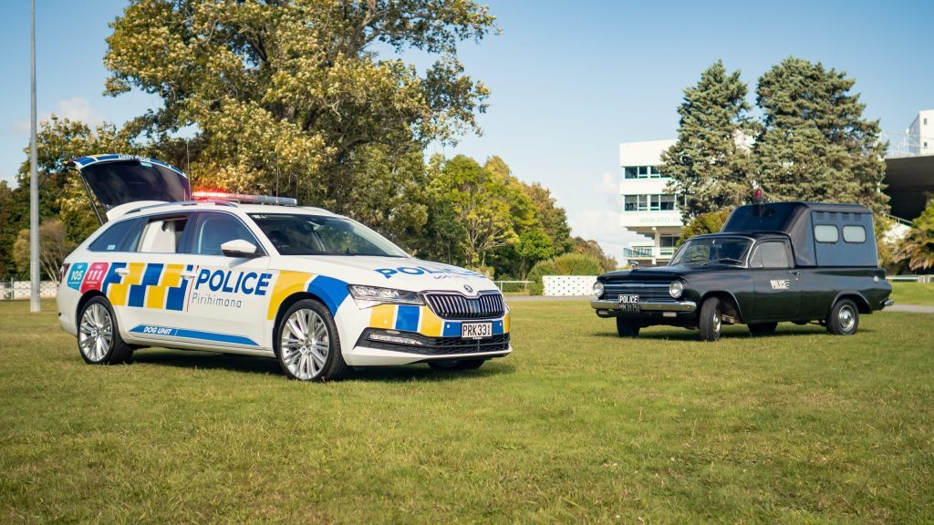 New Zealand Police Skoda Superb Dog Unit with EH Holden front view