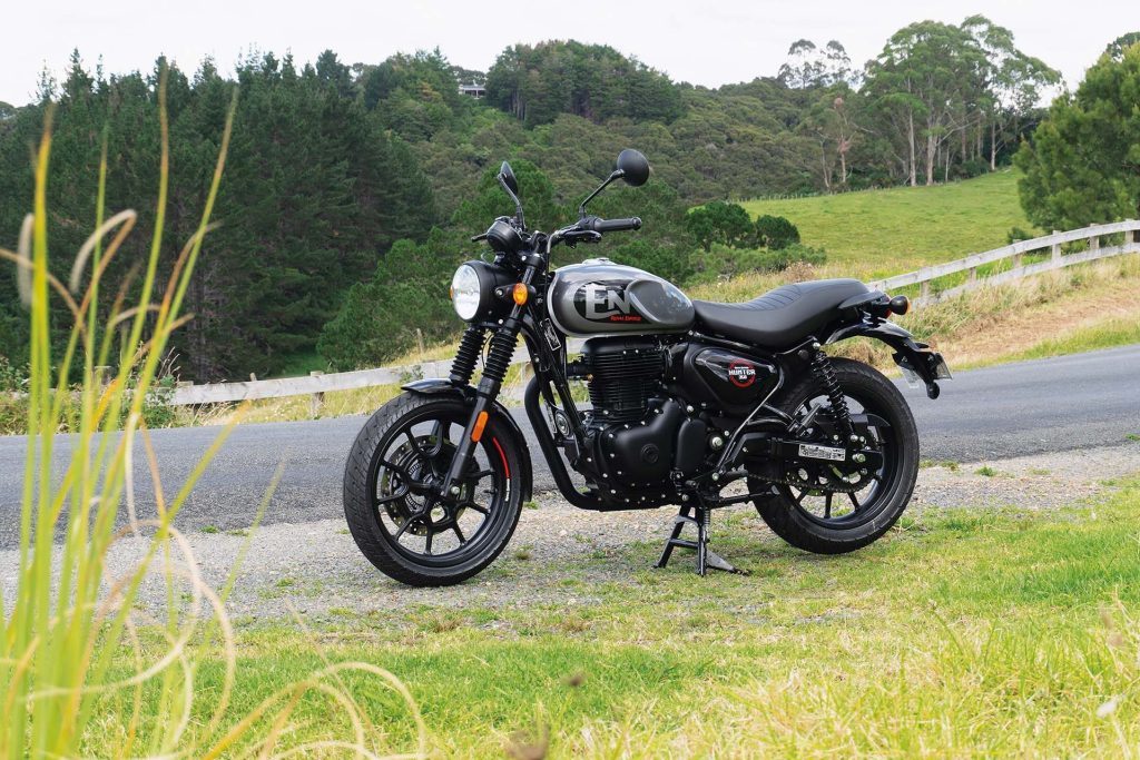 Black and silver Royal Enfield Hunter 350, resting on its stand