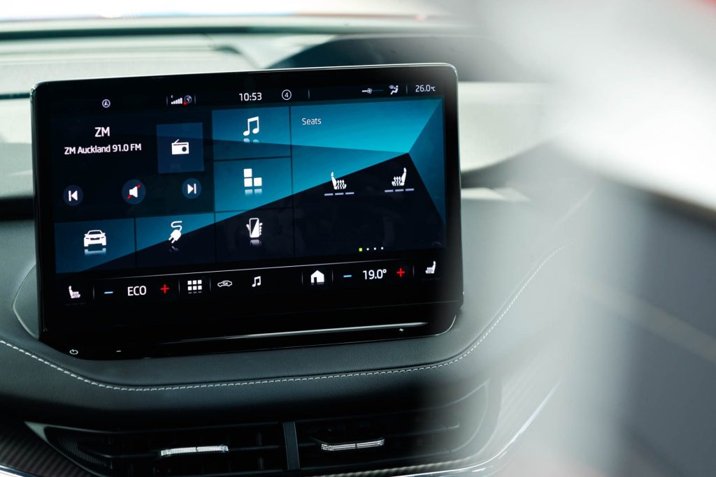 Close up of the infotainment screen in the new Skoda Enyaq