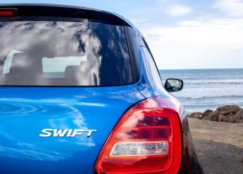 Close up view of rear badge on Suzuki Swift