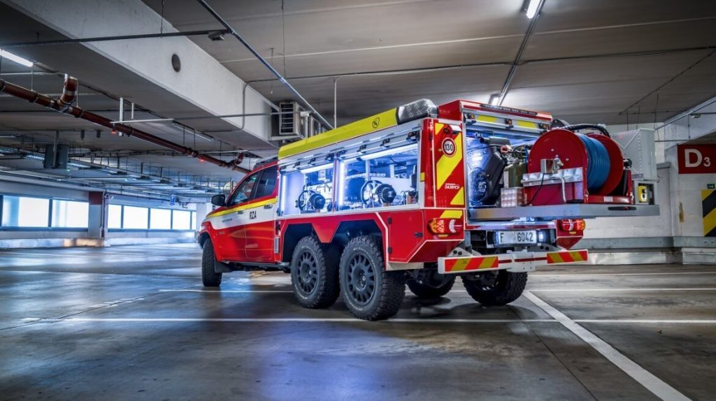 Hiload 6x6 Toyota Hilux fire truck in multi-storey car park