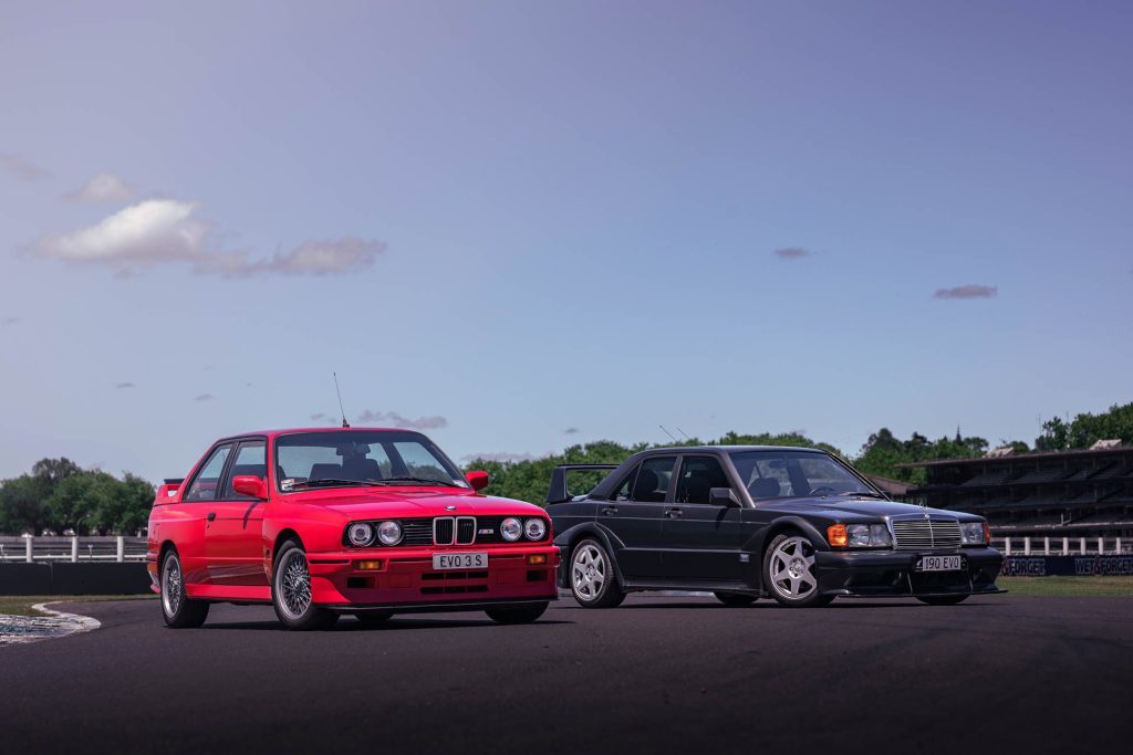 Red BMW M3 Sport Evo, with black MB 190e Evo II 