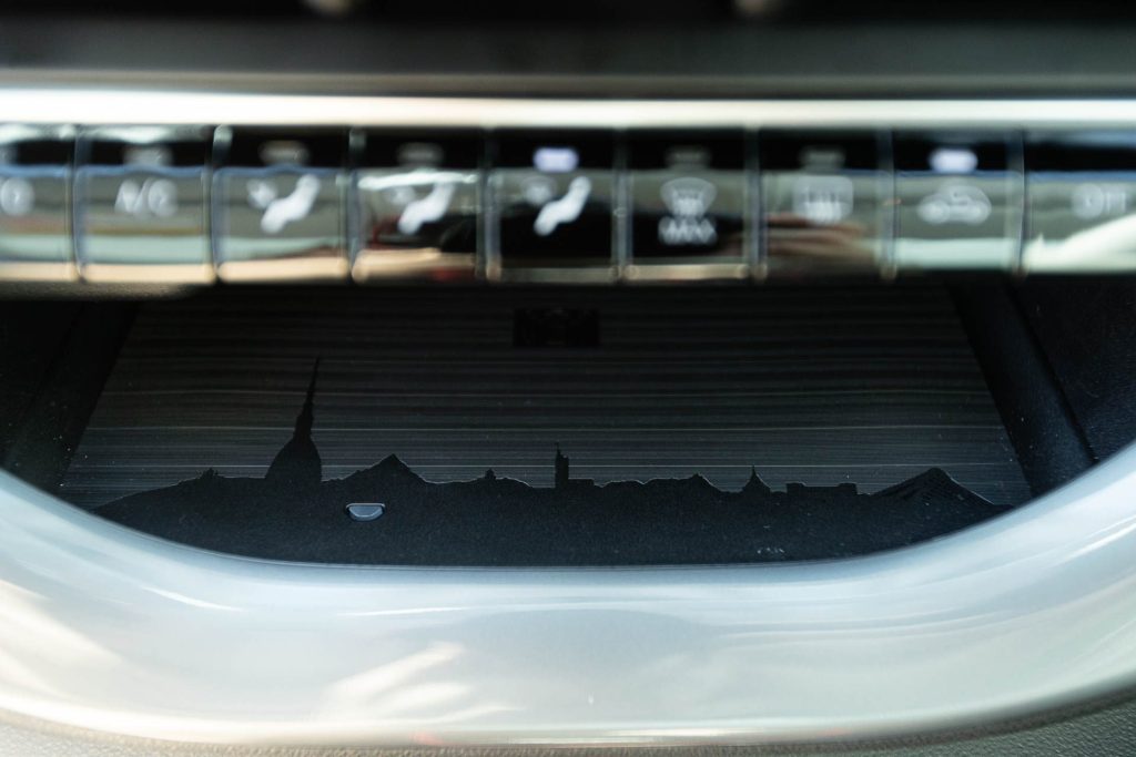 Turin silhouette pictured as a small detail in the Fiat 500 interior