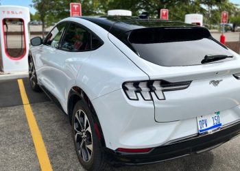 Ford Mustang Mach-E at Tesla fast-charger