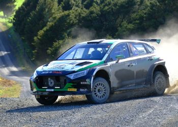 Hayden Paddon drifting Hyundai i20 N Rally2 car on gravel road