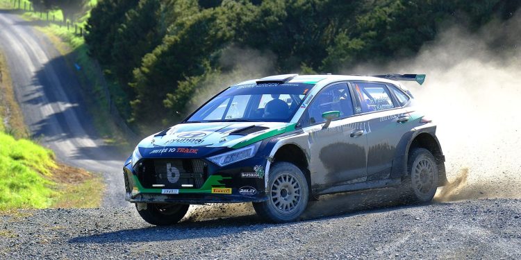 Hayden Paddon drifting Hyundai i20 N Rally2 car on gravel road