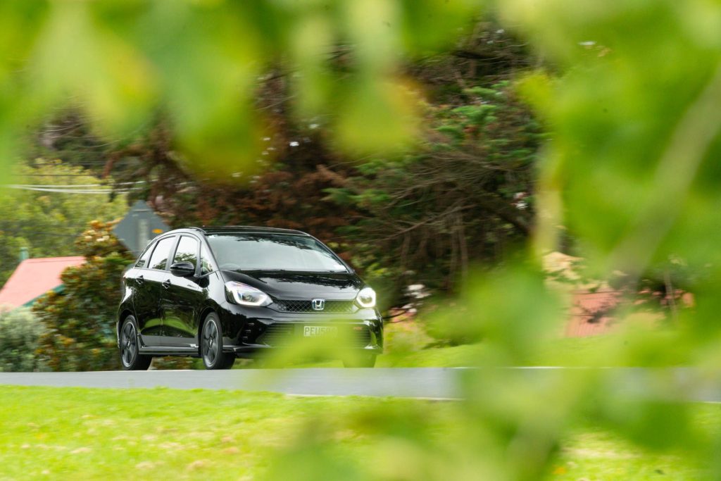 Honda Jazz RS Hybrid behind leaves