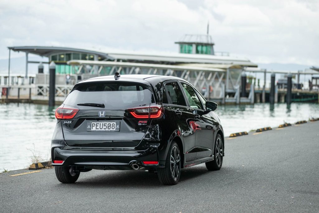 Rear shot of the Jazz RS Hybrid at a marina