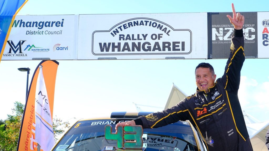 Raana Horan celebrating Ken Block Memorial trophy at 2023 International Rally of Whangarei trophy