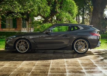 BMW Concept Touring Coupe side profile in courtyard