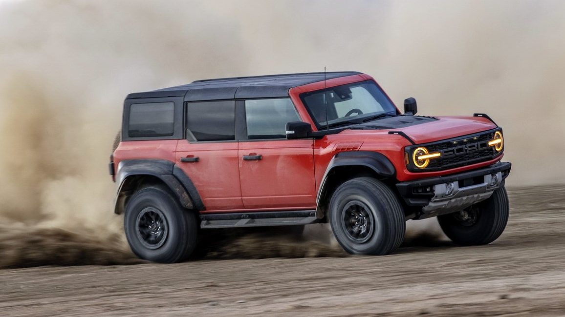Ford Bronco Raptor drifting on dirt