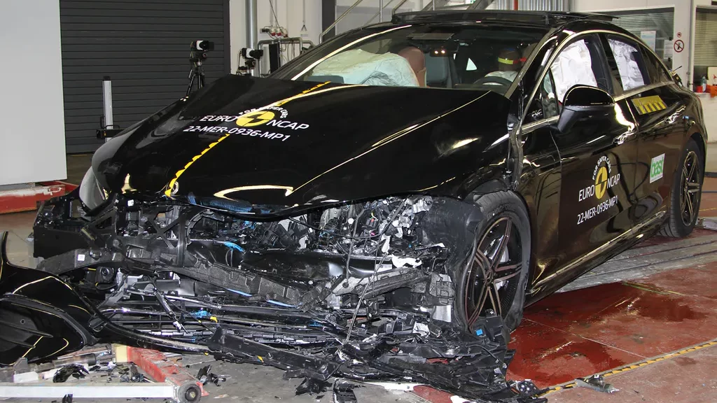 Mercedes-Benz EQE front damage from crash test