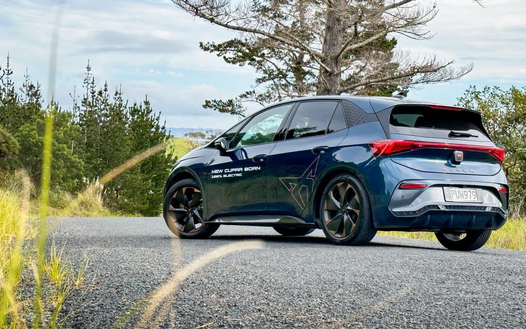 Cupra Born parked on road by forest