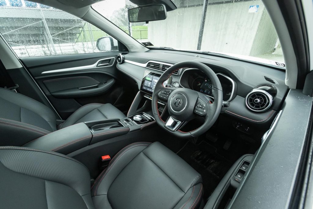 Interior in the MG ZS EV, with steering wheel and seats showing