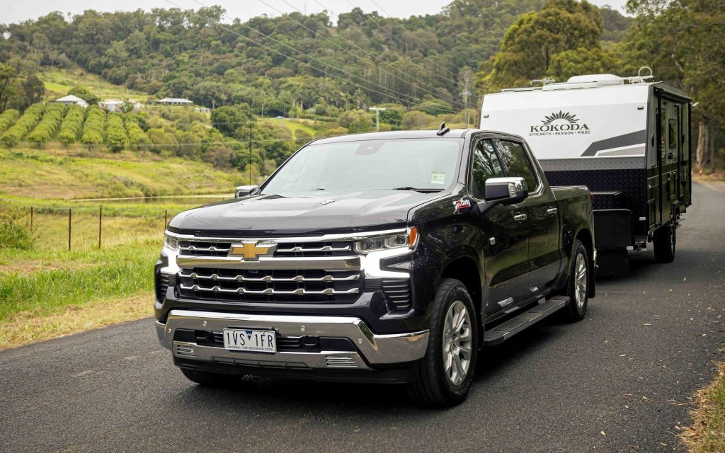 2023 Chevrolet Silverado LTZ Premium towing caravan on country road