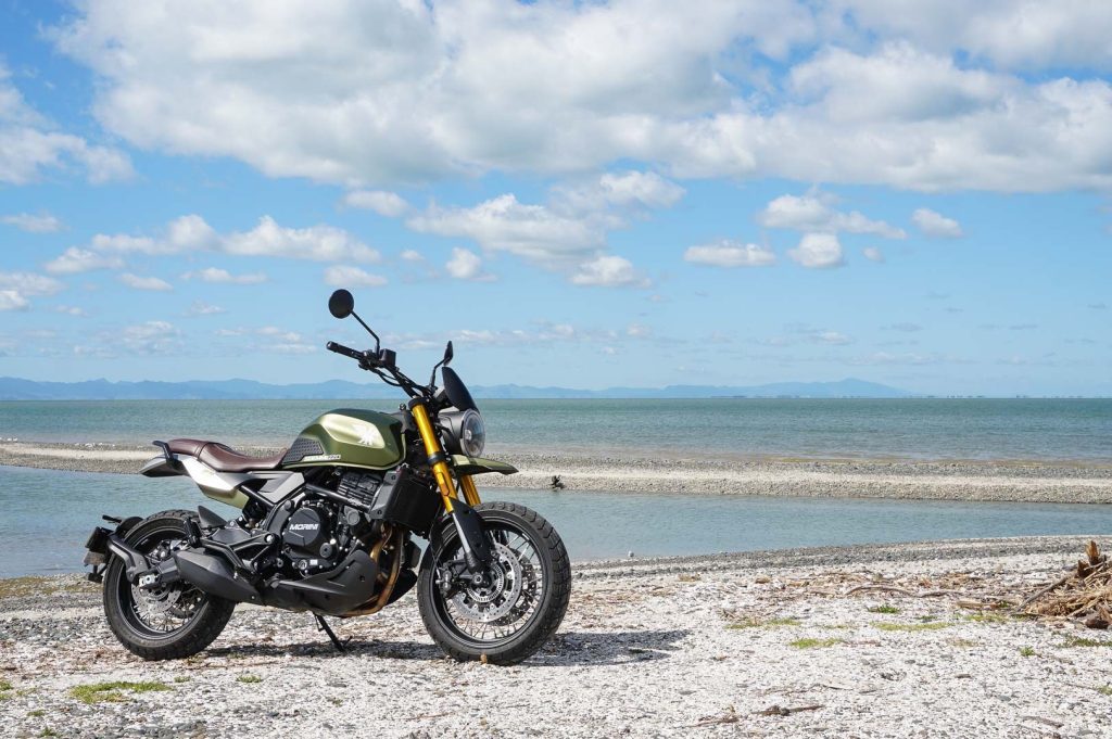 Moto Morini Seiemmezzo 650 SCR parked on a New Zealand beach