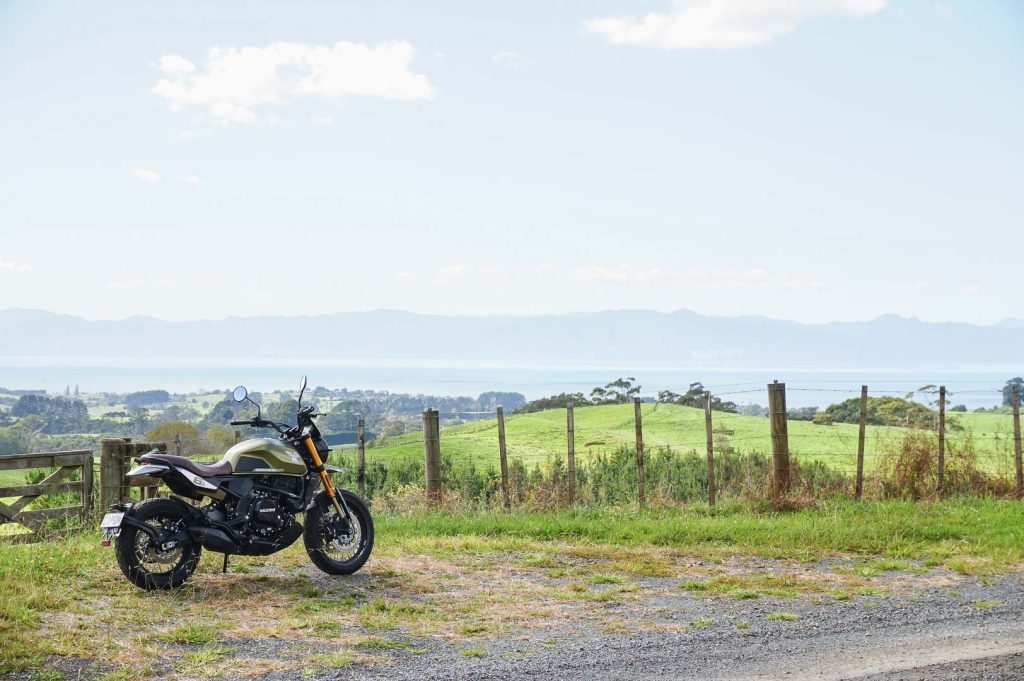 Farmland expanse behind the new Moto Morini Seiemmezzo 650 SCR