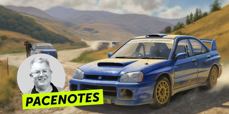 Pacenotes - Impreza rally car next to something questionable