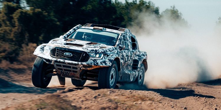 Ford Ranger T1+ racing on dirt road