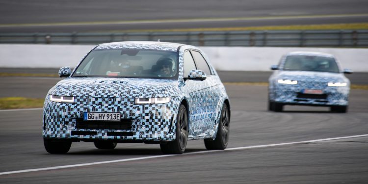 Two Hyundai Ioniq 5 Ns driving on Nurburgring