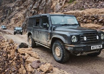 Ineos Grenadiers driving up mountain road in Morocco