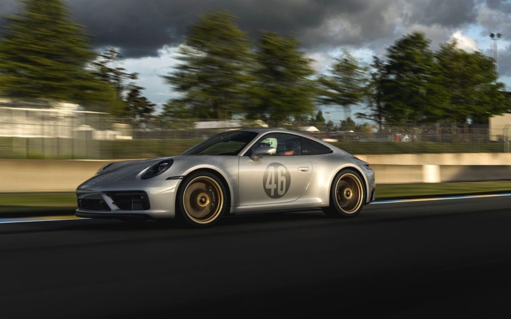 Porsche 911 GTS Le Mans edition driving on track