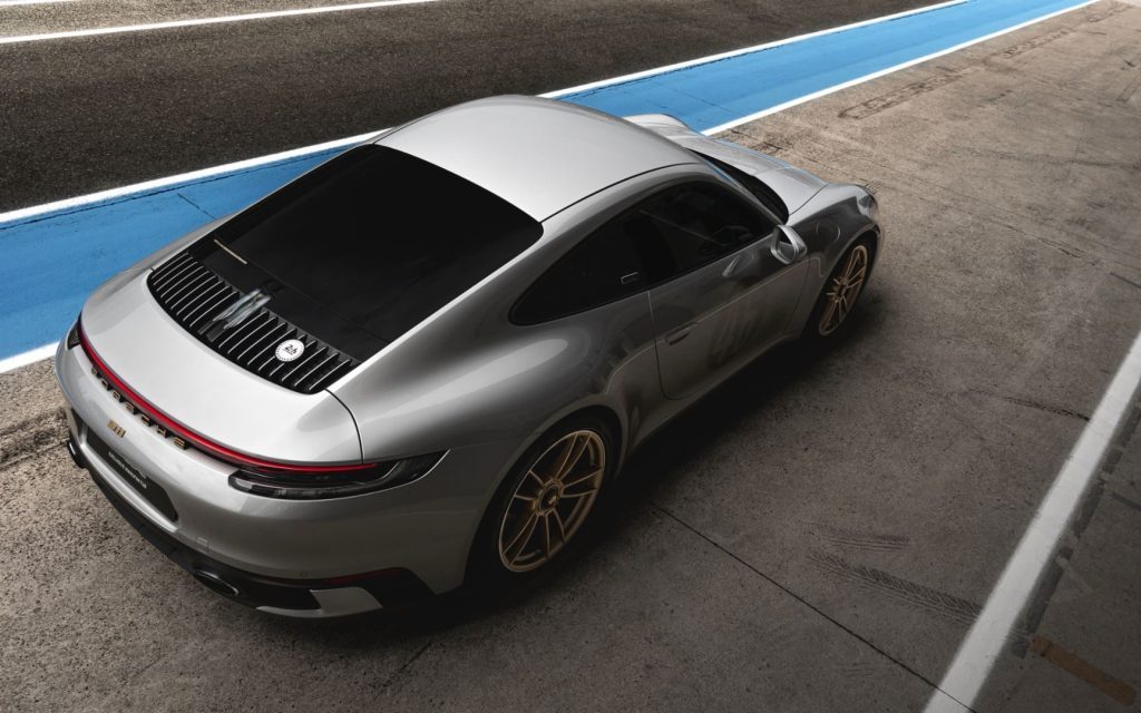 Porsche 911 GTS Le Mans edition top down rear three quarter view