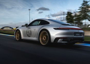 Porsche 911 GTS Le Mans edition driving on track