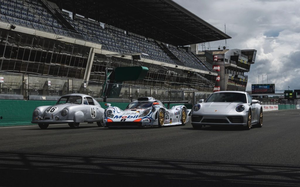 Porsche 911 GTS Le Mans edition parked next to 356 SL and 911 GT1